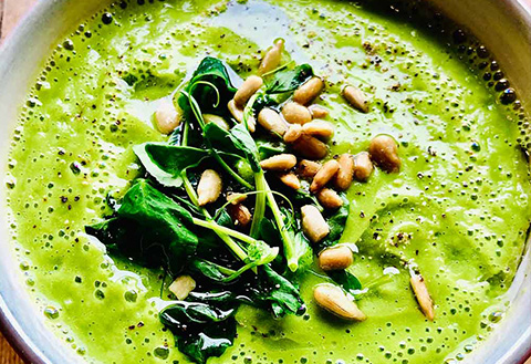 Spring pea soup in a bowl